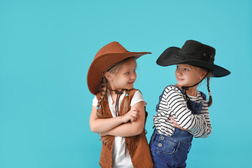 Portrait of stylish little girls on color background - Powered by Adobe