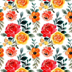 Seamless pattern with yellow red floral watercolor