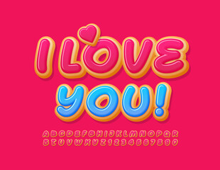 Vector sweet card I Love You! Tasty Donut Font. Creative delicious Alphabet Letters and Numbers set
