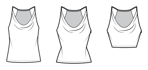 Set of Tanks low cowl Crop Camisoles technical fashion illustration with thin adjustable straps, slim, oversized fit, waist, crop length. Flat outwear top template front. Women men CAD mockup