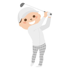 若い男性のイラスト。冬の寒い季節にスポーツのゴルフを楽しんでいる若い男性。