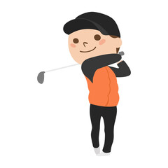 若い男性のイラスト。冬の寒い季節にスポーツのゴルフを楽しんでいる若い男性。