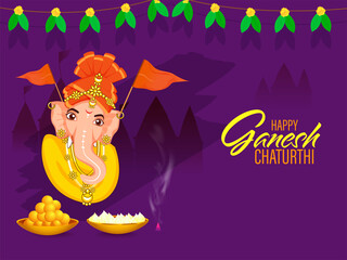 Happy Ganesh Chaturthi Poster Design With Lord Ganesha Face, Flags, Laddu And Modak In Bowls On Purple Silhouette Temple Background.