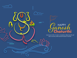 Happy Ganesh Chaturthi Font With Line Art Lord Ganesha Image, Rat, Lotus Flower And Swirl Waves On Blue Background.