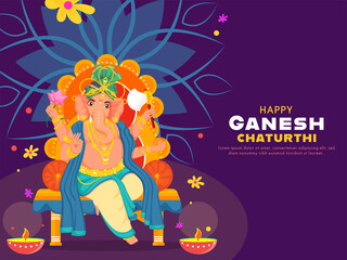 Hindu Mythology Lord Ganesha At Throne Idol WIth Illuminated Oil Lamps (Diya) And Flowers Decorated On Purple Background For Happy Ganesh Chaturthi.