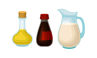 Glass Jar with Soy Oil, Milk and Sauce Vector Set
