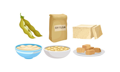Soy Flour and Soy Bean Cheese or Tofu Curd Vector Set