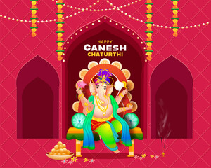 Hindu Mythology Lord Ganesha On Throne Idol With Incense Stand And Indian Sweet (Laddu) For Happy Ganesh Chaturthi Celebration.