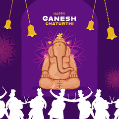 Sculpture Of Ganesha Made By Soil With Hanging Bells And Silhouette People Playing Dhol On Purple Background For Ganesh Chaturthi Celebration.