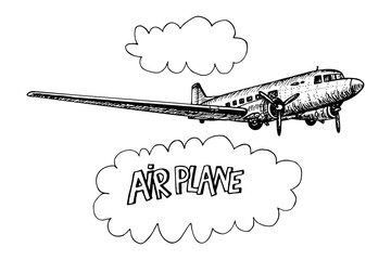 Big propeller airplane drawing on white background