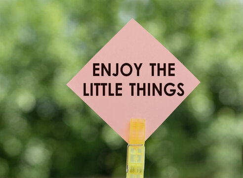 Enjoy the little things - text on pink note paper on green background. Concept for confidence, courage and motivation. Sign of moral support.