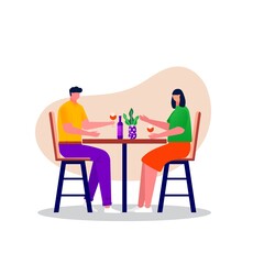 Men and women sitting in the restaurant. Happy family celebrating Valentine's day. couple have a date. Husband and wife enjoying home entertainment. Vector flat interior illustration