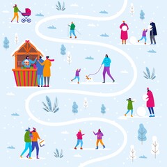 Fototapeta premium Winter map with city park, parents walk with children and have fun outdoor. People make snowman and in the forest. Vector template for invitation card, flyer design, postcard, holiday background