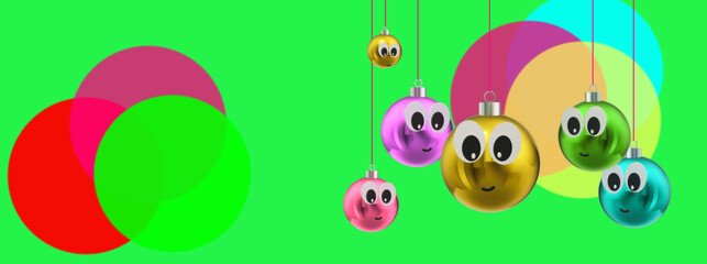 3D illustration. Holiday living Christmas Ball Ornaments. Festive banner with copy space. Group, set of cheerful decoration with an expression of joy. Funny faces with smiles. Colorful design.