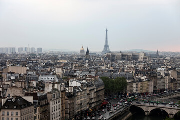 Urban landscape of central Paris from the observation deck of Notre Dame Cathedral in May before the fire.