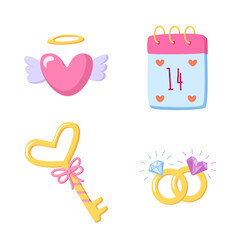 Set of love elements for Valentine's Day in cartoon style isolated on white background. Hand-drawn romantic doodles in the shape of heart, key, calendar, wedding rings. Sweet vector illustration