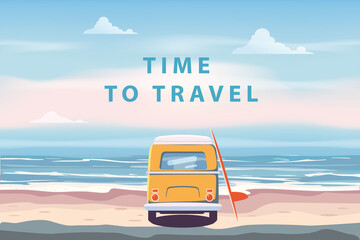 Summer Vacation Poster Time To Travel. Beach camping van, bus with surfboard seascape palms, ocean. Vector illustration retro, vintage, illustration