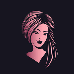 Hair salon and beauty studio illustration.Long, wavy hairstyle woman with elegant makeup.Cosmetics and spa icon.Young lady portrait.Beautiful model face.Luxury,glamour style.Shiny pink color.