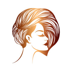 Hair salon and beauty studio illustration.Wavy hairstyle woman with elegant makeup.Cosmetics and spa icon isolated on light fund.Young lady portrait.Beautiful model face.Luxury,glamour style.