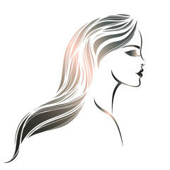Hair salon and beauty studio illustration.Long, wavy hairstyle woman with elegant makeup.Cosmetics and spa icon isolated on light fund.Young lady portrait.Beautiful model face.Luxury,glamour style.