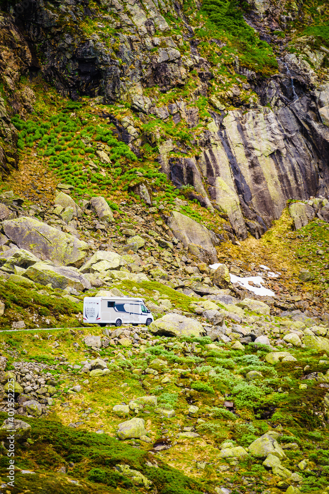 Sticker camper car in norwegian mountains