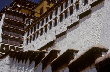 Close up of Potala Palace with white wall and steps in Lhasa, Tibet, China.