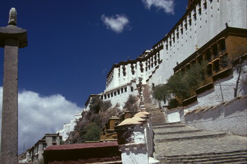 Close up of Potala Palace with white wall and steps in Lhasa, Tibet, China.