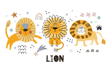 Funny cute scandinavian lion cartoon style. Vector print with lion. Printable templates. vector print. Perfect for kids apparel, poster, baby shower card. Vector illustration