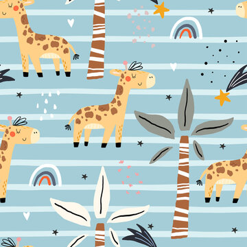 Cute giraffe Pattern print for kids. Funny cute scandinavian giraffe cartoon style. Printable templates. vector print. Perfect for kids apparel, poster, baby shower card. Vector illustration