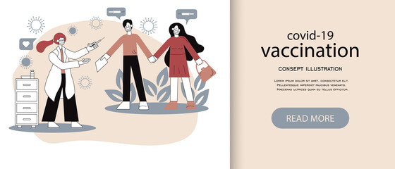 Modern vector flat illustration of vaccination. concept picture to cover the topic of vaccination in pastel colors. benefits of covid-19 vaccination. Web banner vaccine against coronavirus.