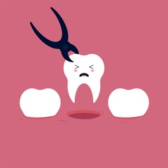 Dental extraction, tooth extraction, exodontia, exodontist, or informally, tooth pulling in cute illustration.
