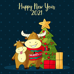 2021 HAPPY NEW YEAR. Lunar horoscope sign. Father and son. Chinese new year 2021 year of the ox. Bull, ox, cow