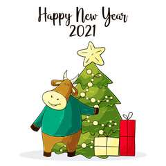 2021 HAPPY NEW YEAR. Zodiac of ox cartoon character traditional. Chinese new year 2021 year of the ox. Bull, ox, cow. Template for your design - poster