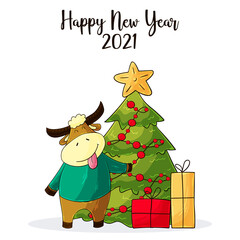 2021 HAPPY NEW YEAR. Zodiac of ox cartoon character traditional. Chinese new year 2021 year of the ox. Bull, ox, cow. Template
