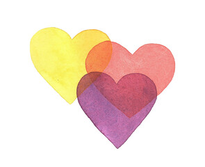 Obraz premium Hand drawn three hearts on a white background. Watercolor illustration. Valentine's day. Romantic watercolor design elements.