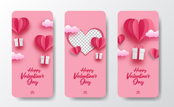 social media stories banner greeting card for valentine's day with paper cut style illustration and soft pink background