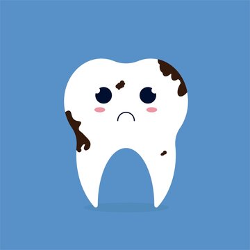 Dirty cute tooth with sad face.