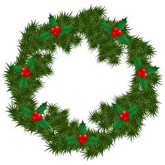 Fototapeta na wymiar Vector Christmas illustration with Christmas symbol - Christmas wreath made of fir branches decorated with holly leaves and berries..
