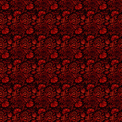 Dark red seamless floral pattern. Repeating background with simple abstract watercolor bouquets with flowers and leaves. Hand drawn decor for fabric print or wallpaper. 