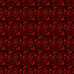 Dark red seamless floral pattern. Repeating background with simple abstract watercolor bouquets with flowers and leaves. Hand drawn decor for fabric print or wallpaper. 