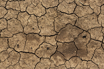 Texture of cracked dried soil. Dry ground with cracks. Brown rough surface of the soil during summer drought. Great for background and design. Ecology, climate change and global warming on Earth.