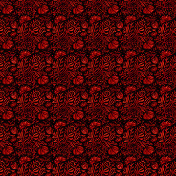 Dark red seamless floral pattern. Repeating background with simple abstract watercolor bouquets with flowers and leaves. Hand drawn decor for fabric print or wallpaper. 