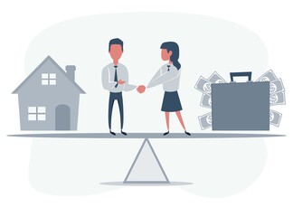 Business partners shaking hands as a symbol of unity. People standing on seesaw. Woman selling house. Vector flat design illustration.