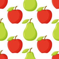 Seamless pattern with apples and pears on background. Half ripe apple and pear. 