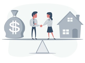 Business partners shaking hands as a symbol of unity. Businessman and businesswoman on seesaw. Man selling house. Vector flat design illustration.