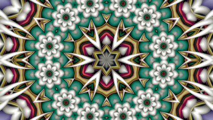 bright abstract background with futuristic geometric figure in the center and beautiful abstract flowers in a circle