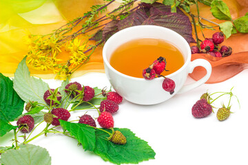 Herbal tea of fresh raspberry, dog-rose, blackberry and hypericum leaves on white background. Cup of berry tea and ingredients. Fruit tea. Herbal medicine concept