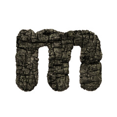 burned wood letter M - Lowercase 3d charcoal font - Suitable for Nature, disaster or fire related subjects