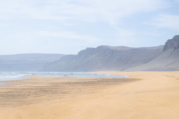 Fototapeta na wymiar Gold dunes and blue ocean on Icelandic beach.