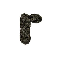 burned wood letter R - Lower-case 3d charcoal font - Suitable for Nature, disaster or fire related subjects